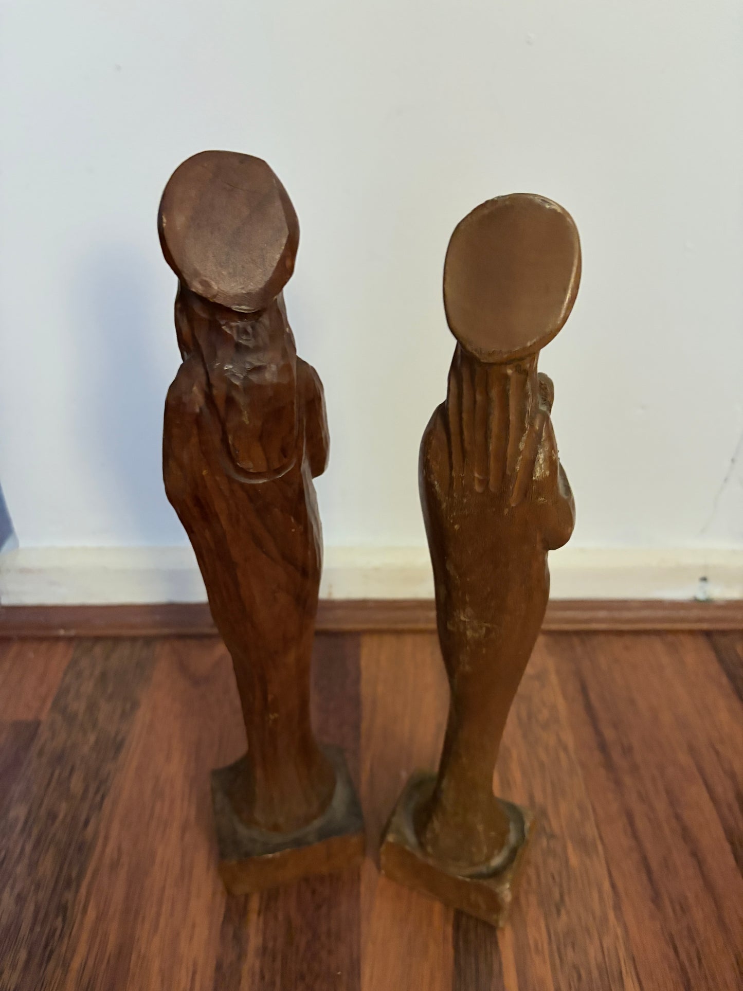 Mid Century Carved Wooden Madonna & Child Figures – Pair of Religious Sculptures