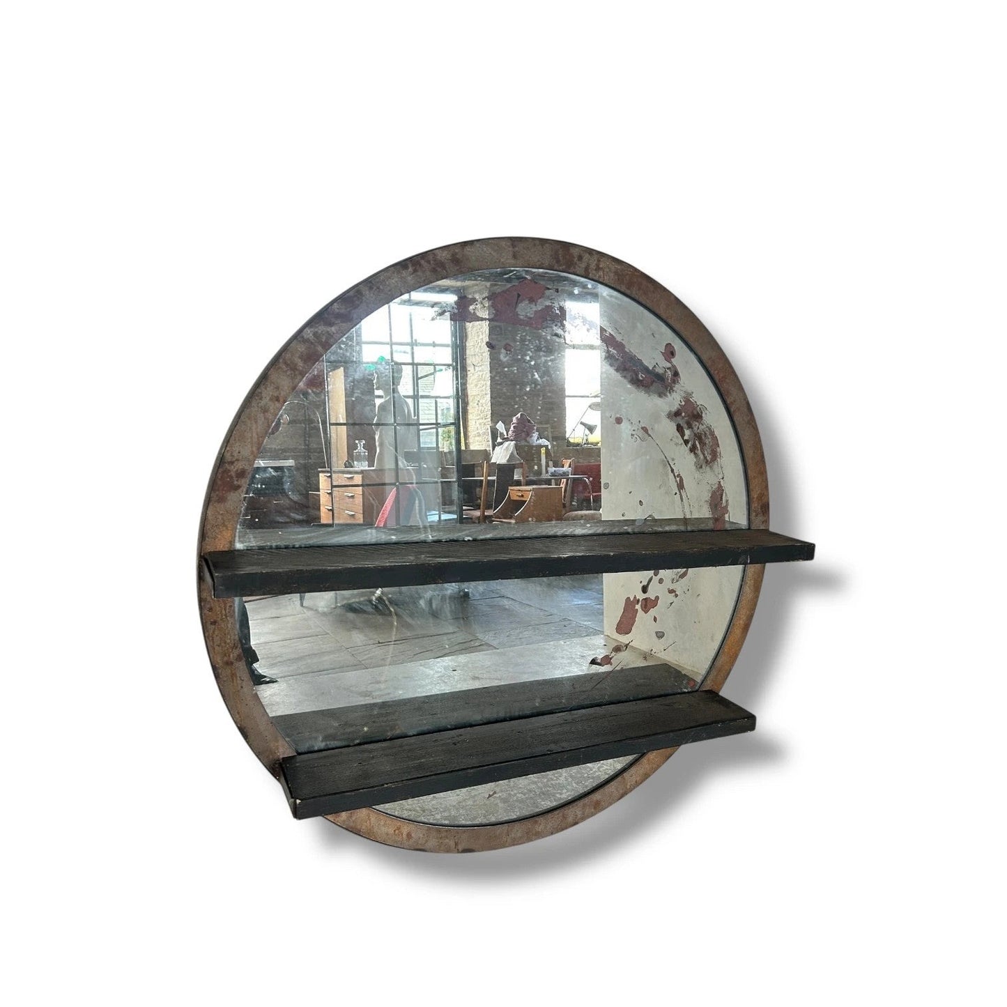 Antique Large Industrial Circular Mirror with Shelves — view 7
