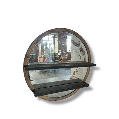 Antique Large Industrial Circular Mirror with Shelves — view 7