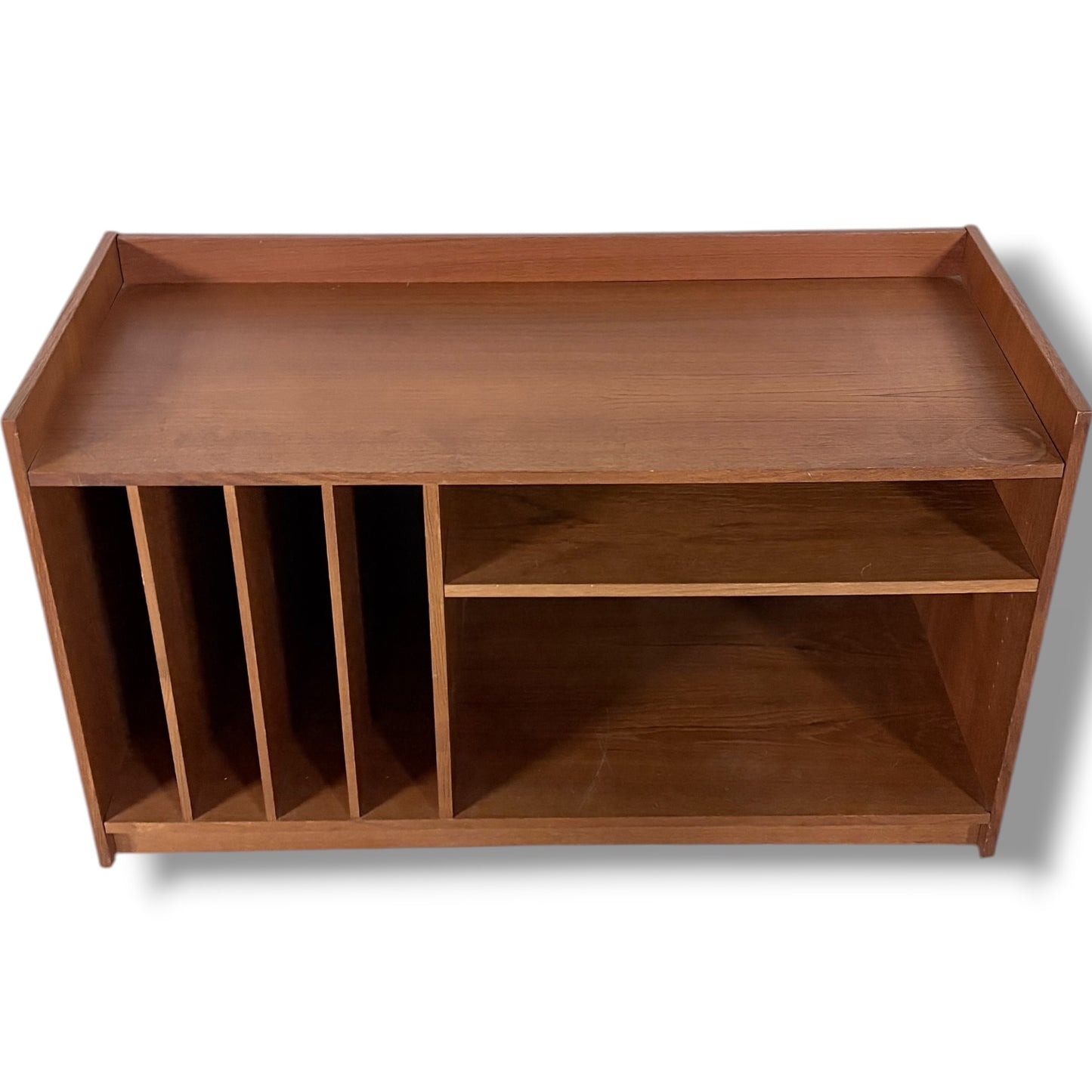 Danish Teak Media Unit – Mid Century Cabinet with Vinyl Storage & Open Shelving
