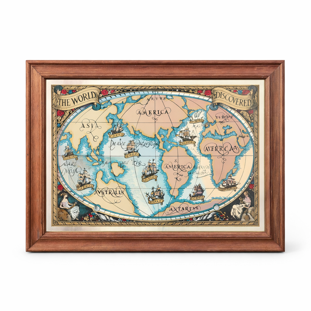 Vintage World Map Mirror in Solid Wood Frame