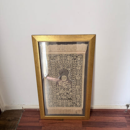 Framed Vintage Islamic Prayer Rug | Woven Textile Wall Art | Gold Frame