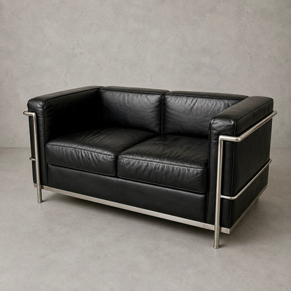 Mid Century Black Leather & Chrome Two Seater Sofa | Le Corbusier LC2 Style