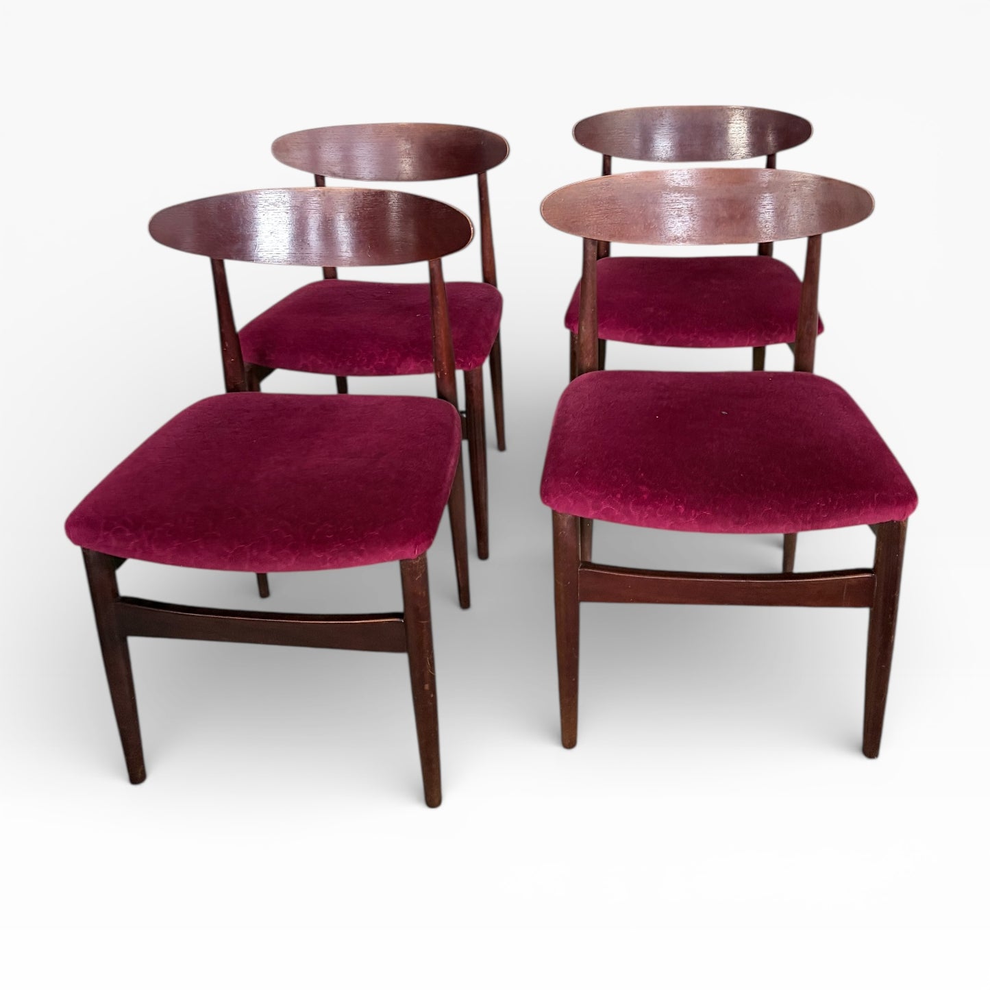 Teak Dining Chairs – Mid-Century Modern British Design | Burgundy Upholstered Set