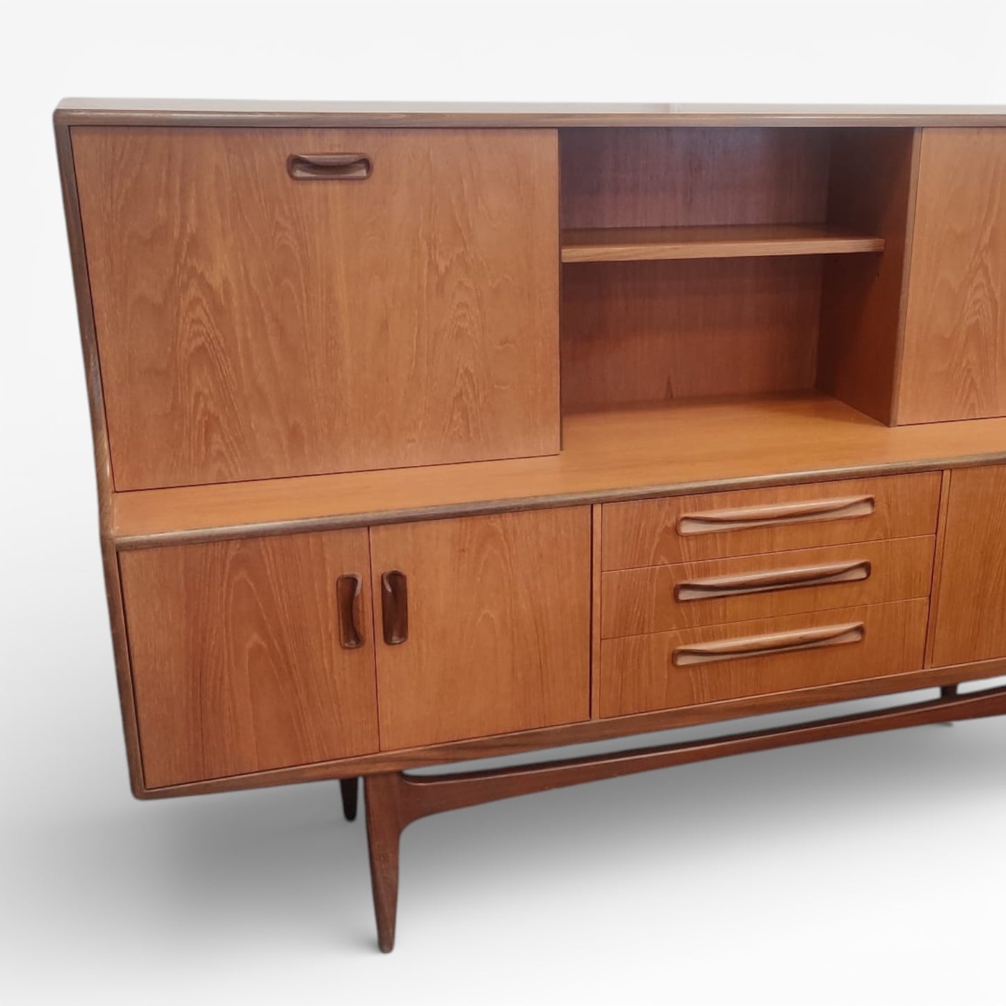 Mid Century Sideboard | Vintage Teak Cabinet With Sliding Doors & Tapered Legs