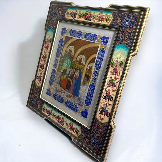 Vintage 1950s Persian Khatam Mosaic Watercolour Painting