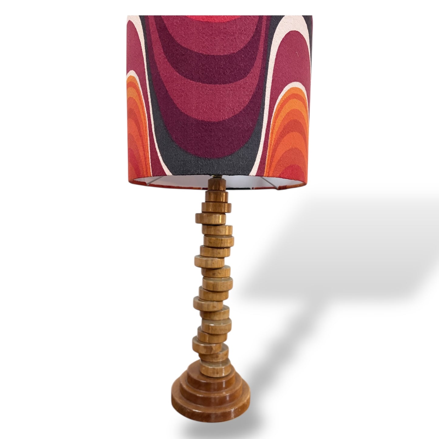 Vintage Teak Wood Tower Lamp with Barbara Brown Frequency Shade for Heals by Lightfandango