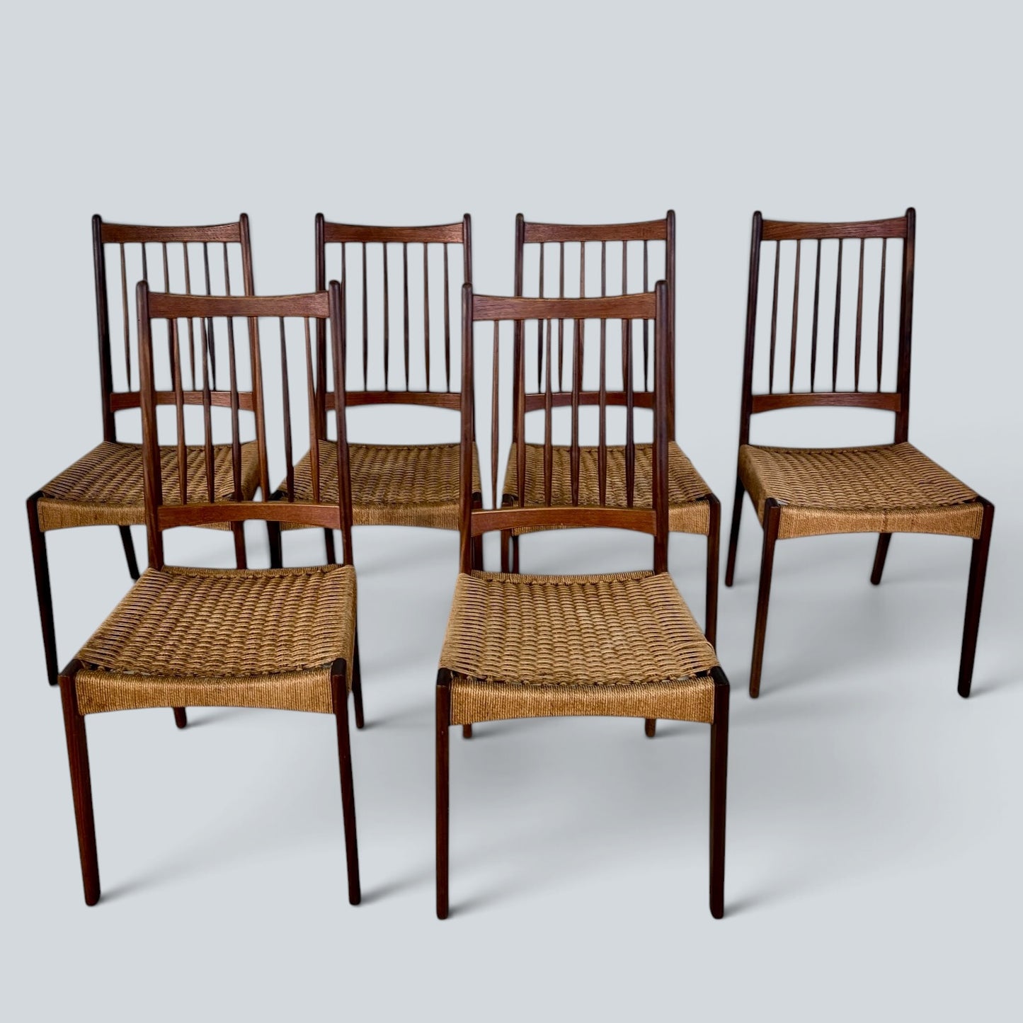 Arne Hovmand-Olsen MK200 Dining Chairs Set of 6 Danish Mid Century Teak & Paper Cord Chairs