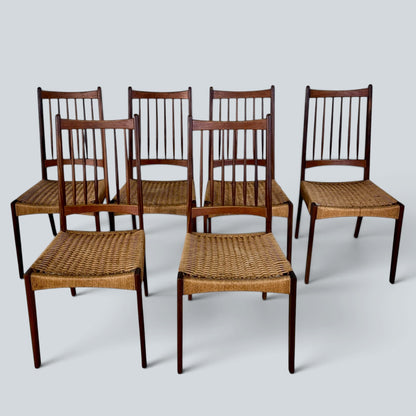 Arne Hovmand-Olsen MK200 Dining Chairs Set of 6 Danish Mid Century Teak & Paper Cord Chairs