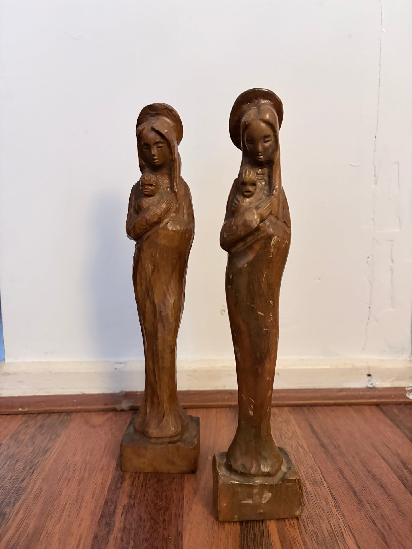 Mid Century Carved Wooden Madonna & Child Figures – Pair of Religious Sculptures