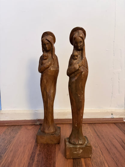 Mid Century Carved Wooden Madonna & Child Figures – Pair of Religious Sculptures