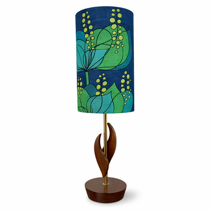 Mid Century Teak Table Lamp with Blue and Green Floral Shade by Lightfandango