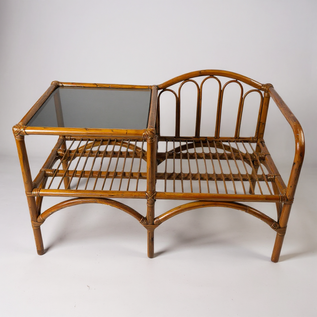 Vintage Bamboo Telephone Table with Smoked Glass Top | Boho Mid Century Rattan Hallway Seat