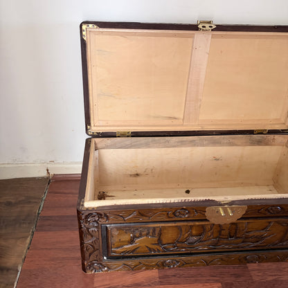 Antique Chinese Camphor Wood Carved Blanket Chest Hand-Carved Hope Chest Storage Trunk