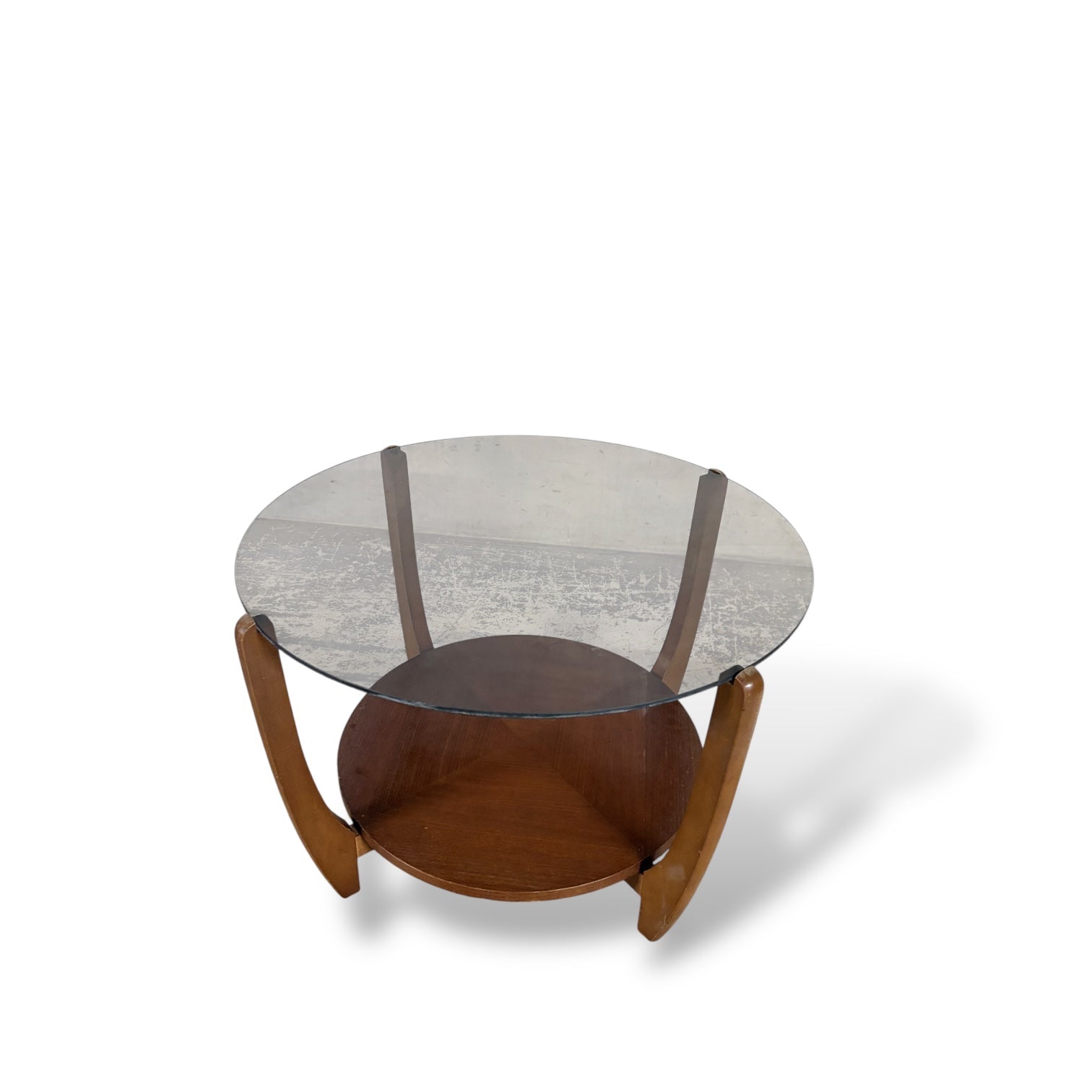 Mid Century Smoked Glass & Teak Round Coffee Table — view 4