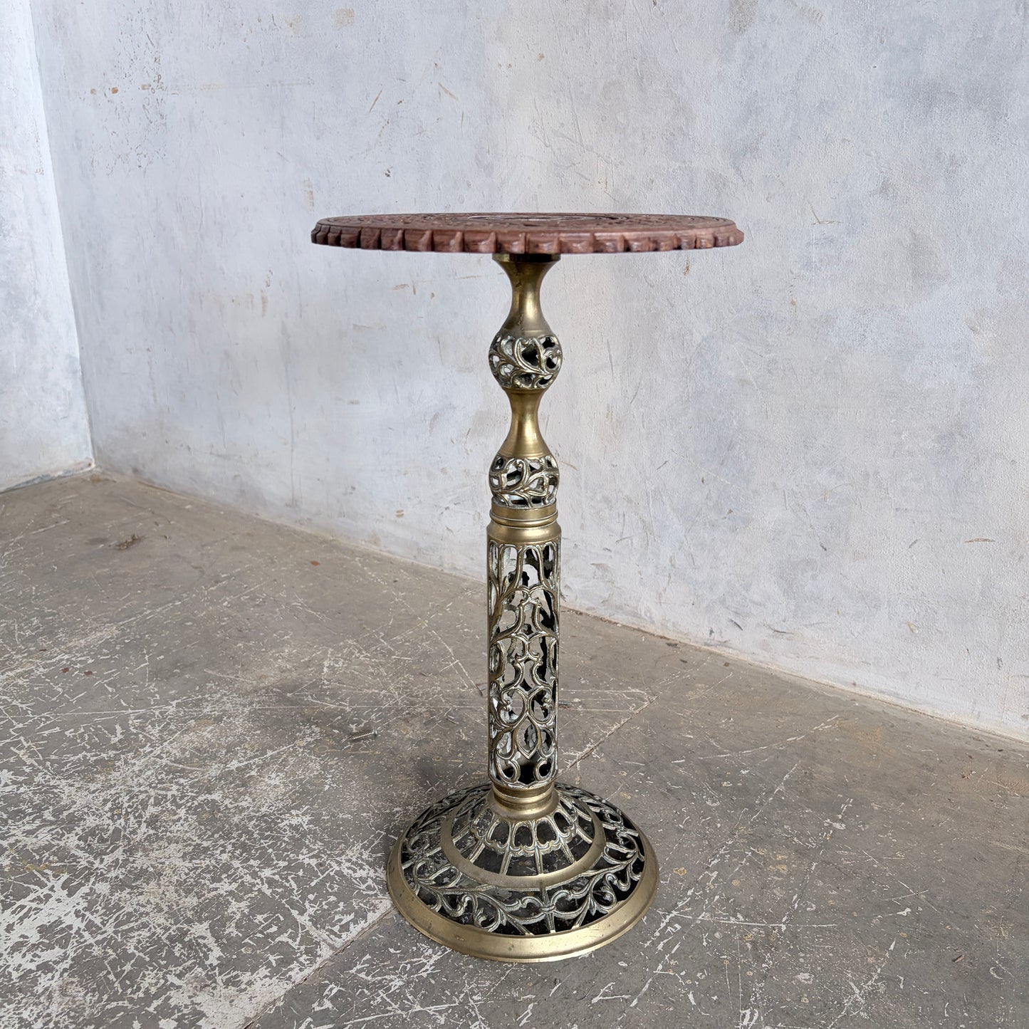 Antique Hand-Carved Wooden & Brass Plant Stand | Indian Carved Pedestal Side Table