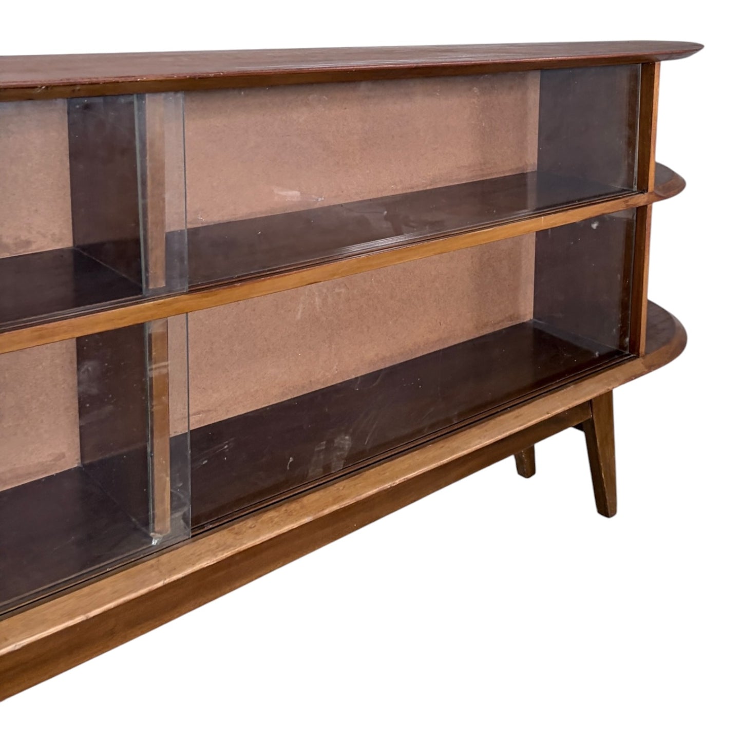 Large Mid Century Teak Display Cabinet / Media Console – Curved Open Shelving Unit