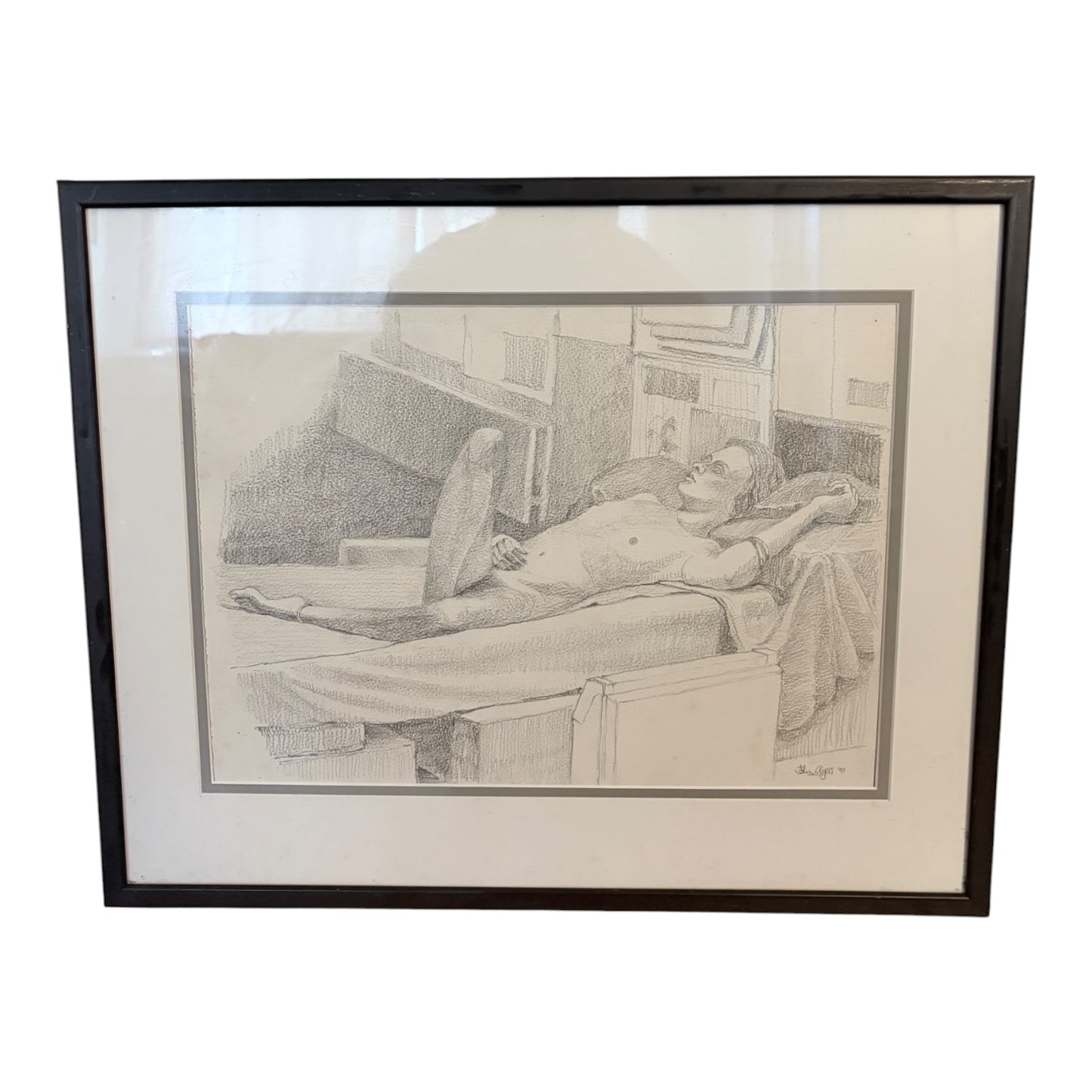 Vintage Framed Figurative Pencil Drawing – 1990s Nude Study Sketch Artwork