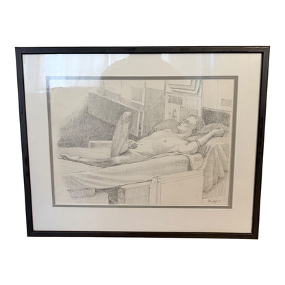 Vintage Framed Figurative Pencil Drawing – 1990s Nude Study Sketch Artwork