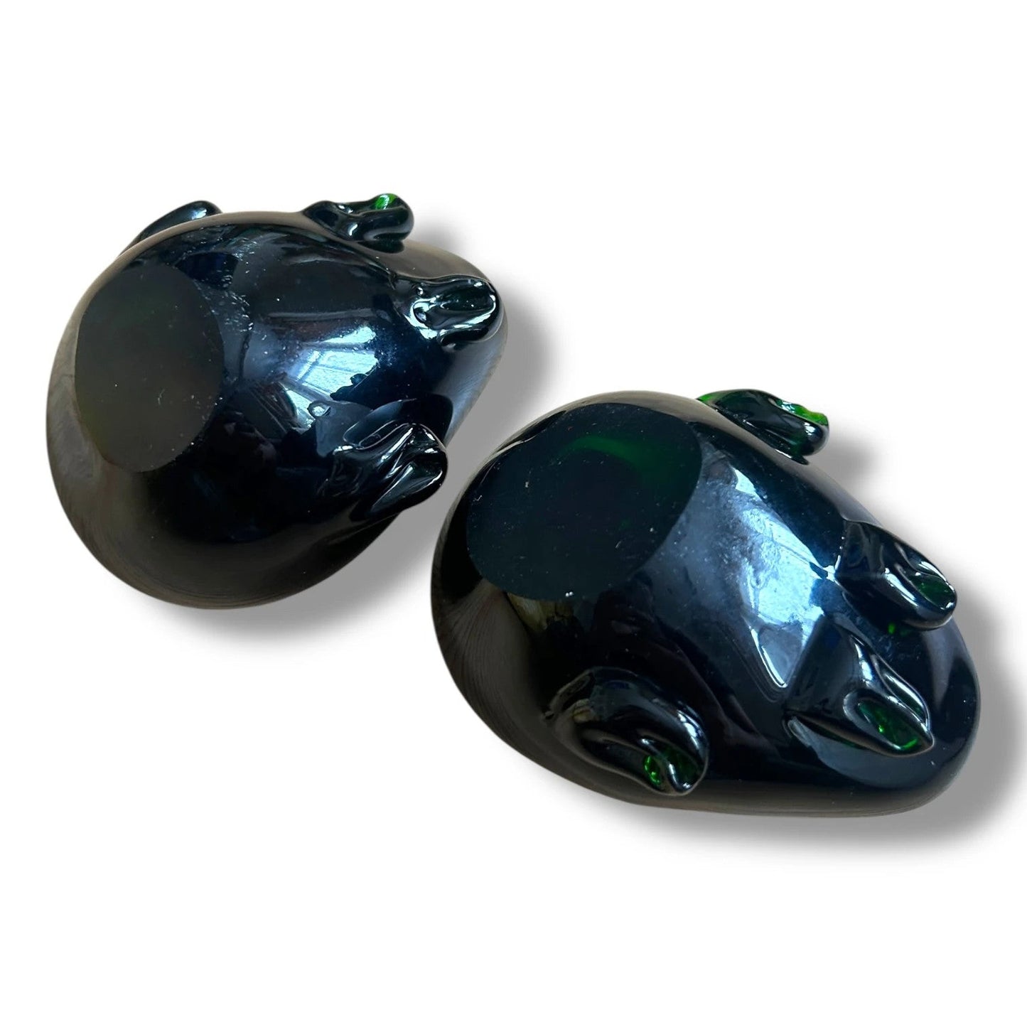 Pair of Vintage Emerald Green Glass Frog Paperweights / Tealight Holders