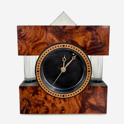 Mid Century Vintage Burr Walnut & Lucite Mantel Clock