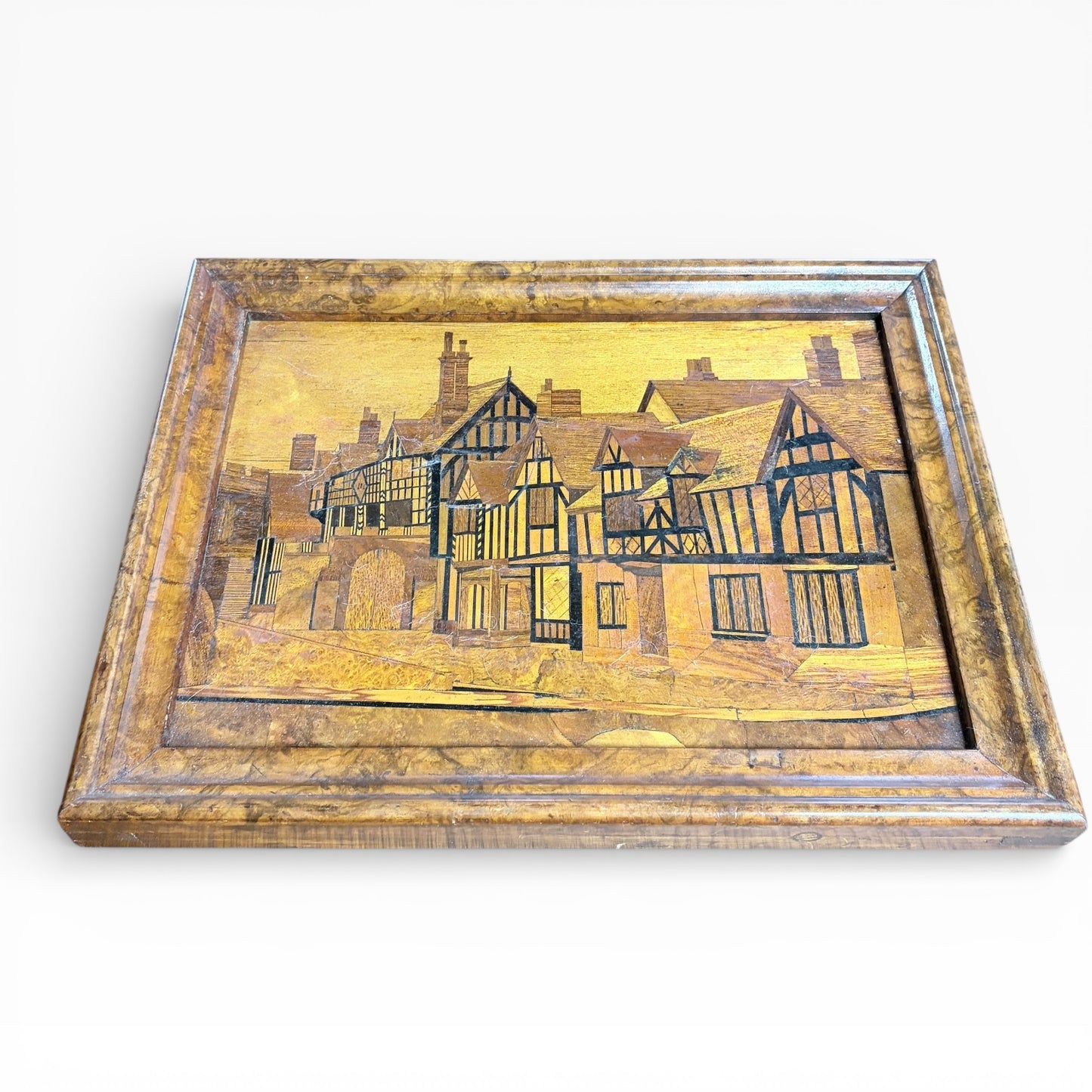 Antique Wood Marquetry Panel with Walnut Frame