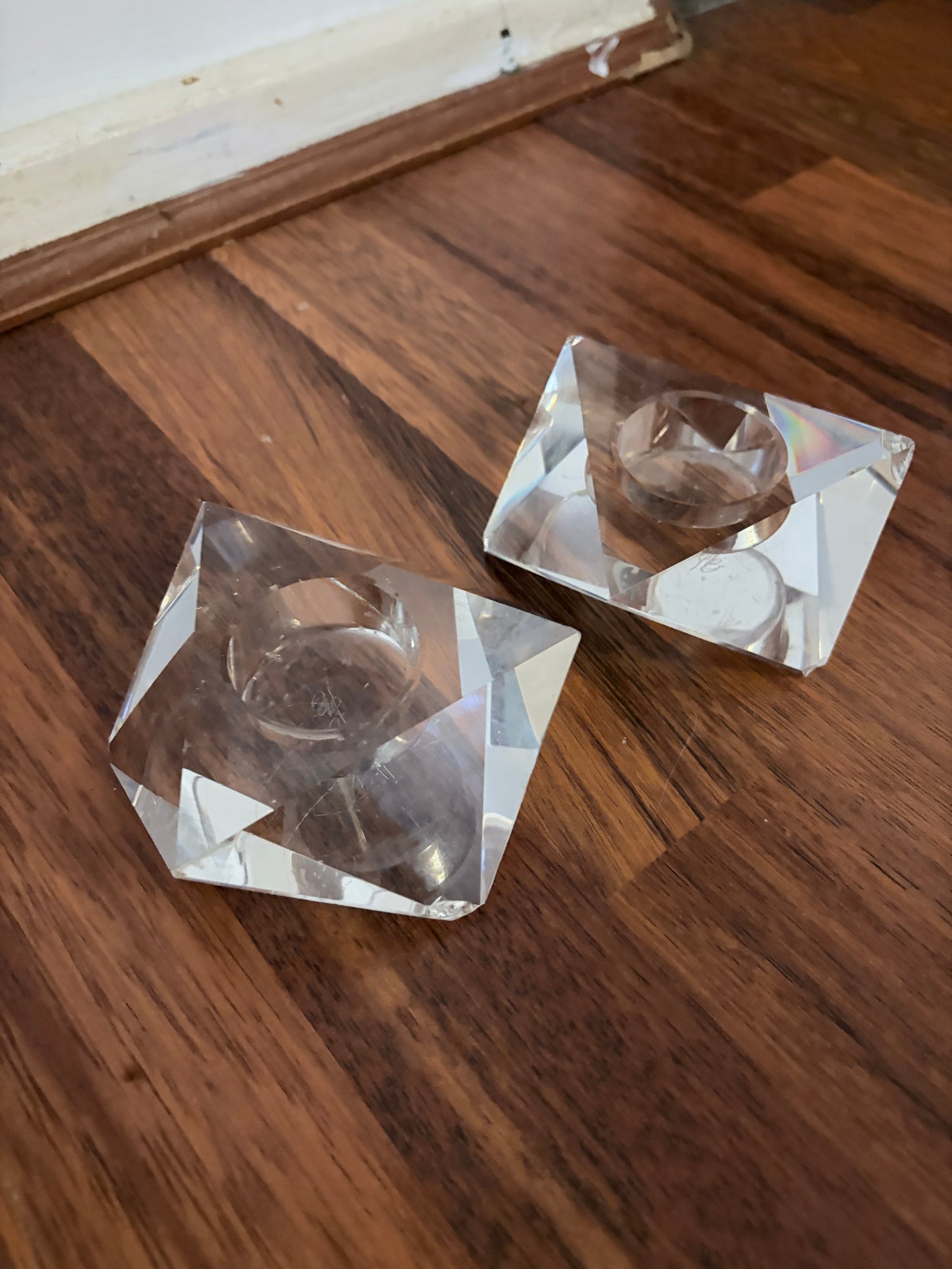 Pair of Mid Century Lucite Faceted Candle Holders – Geometric Crystal