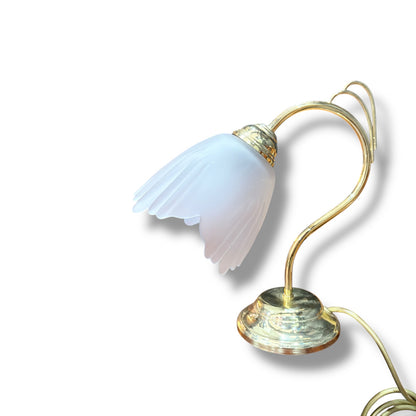 Vintage Brass & Frosted Glass Flower Table Lamp | Art Nouveau