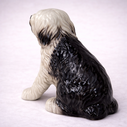 Large Vintage Old English Sheepdog Ceramic Statue – Mid-Century Black & White Glazed Dog Sculpture