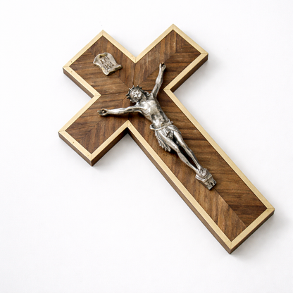 1970s Brass & Oak Crucifix | Vintage Religious Wall Cross