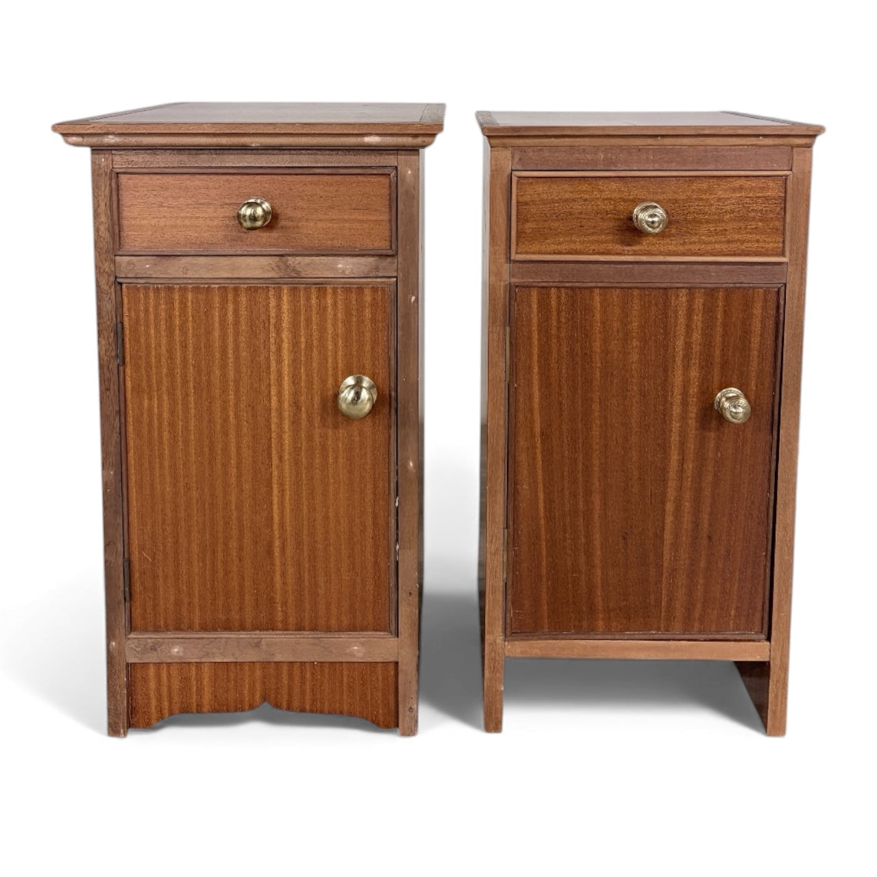 Pair of Mid Century Vintage Bedside Cabinets – Wooden Mismatched Nightstands with Storage