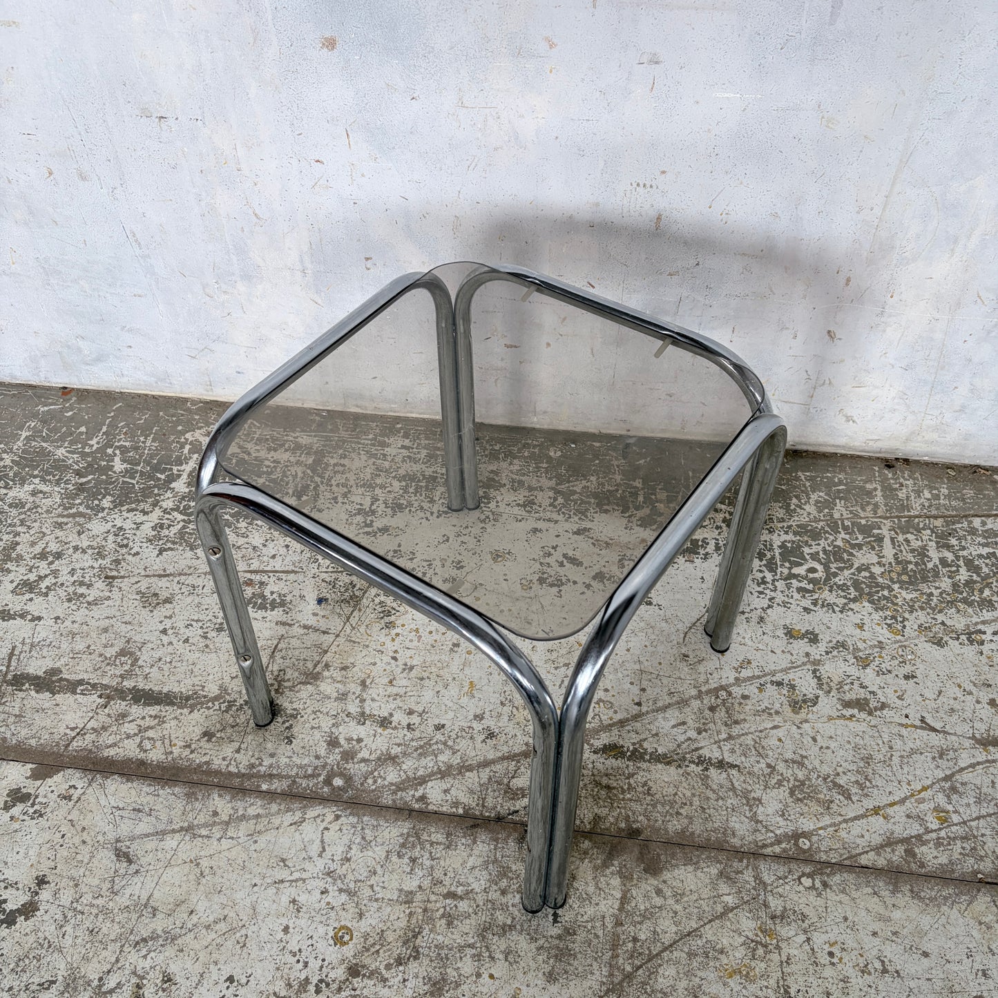 Vintage Chrome & Smoked Glass Side Table Mid Century Tubular Chrome