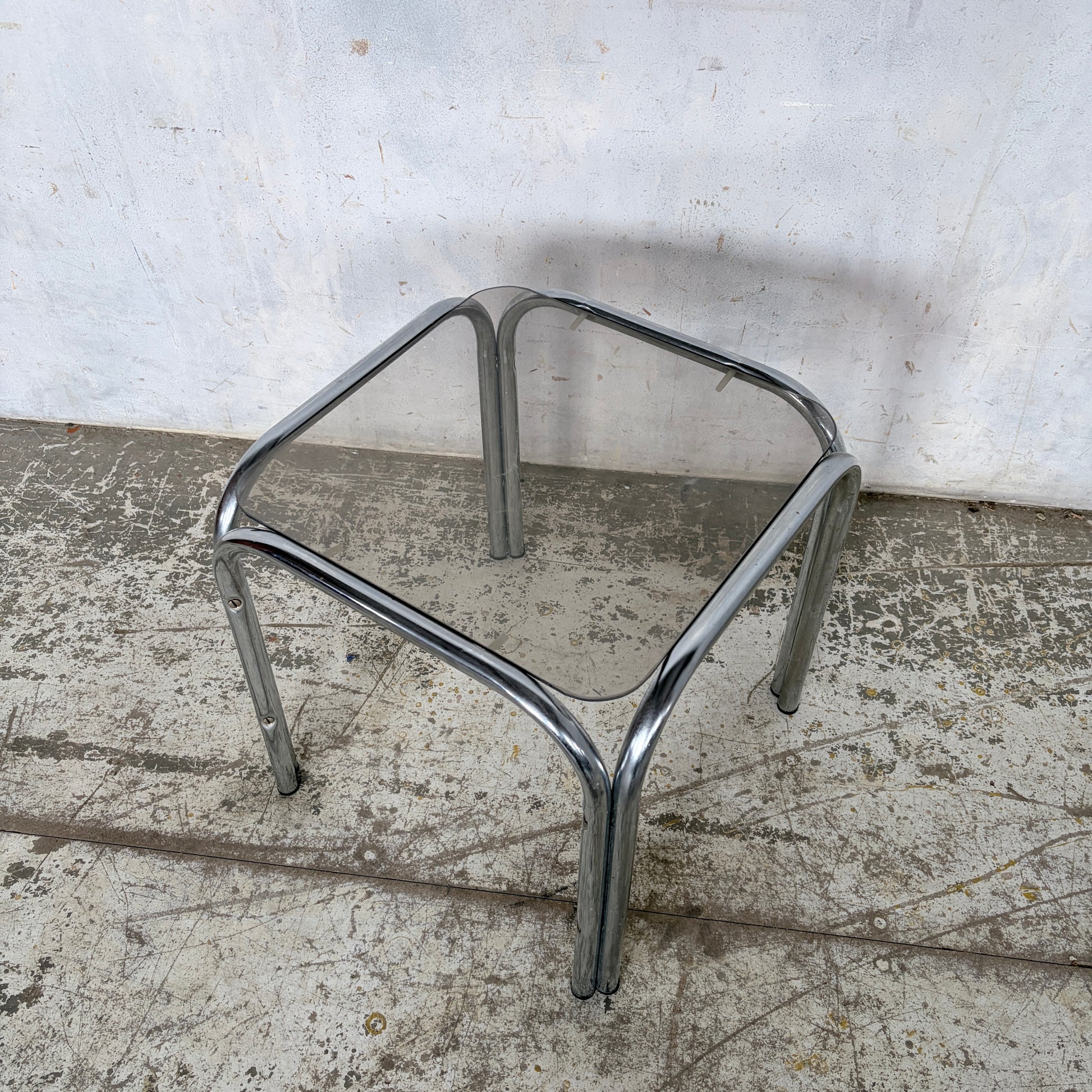 Vintage Chrome & Smoked Glass Side Table Mid Century Tubular Chrome