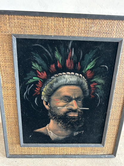 Vintage Ethnographic Portrait on Velvet – Signed Hessian Framed Artwork