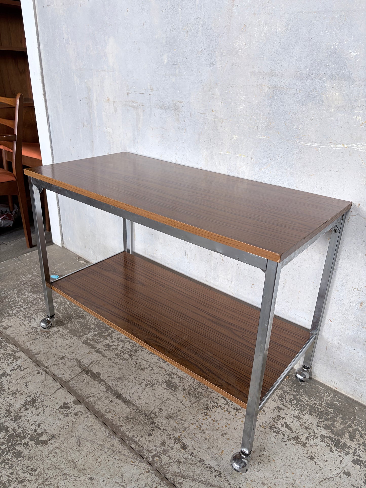 Mid Century Walnut & Chrome Drinks Trolley on Castors