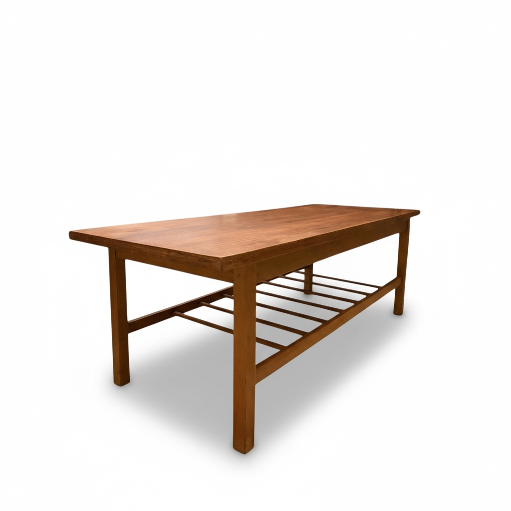 Danish Teak Coffee Table – Mid Century Vintage 1960s Solid Teak Top with Slatted Shelf