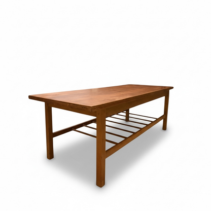 Danish Teak Coffee Table – Mid Century Vintage 1960s Solid Teak Top with Slatted Shelf