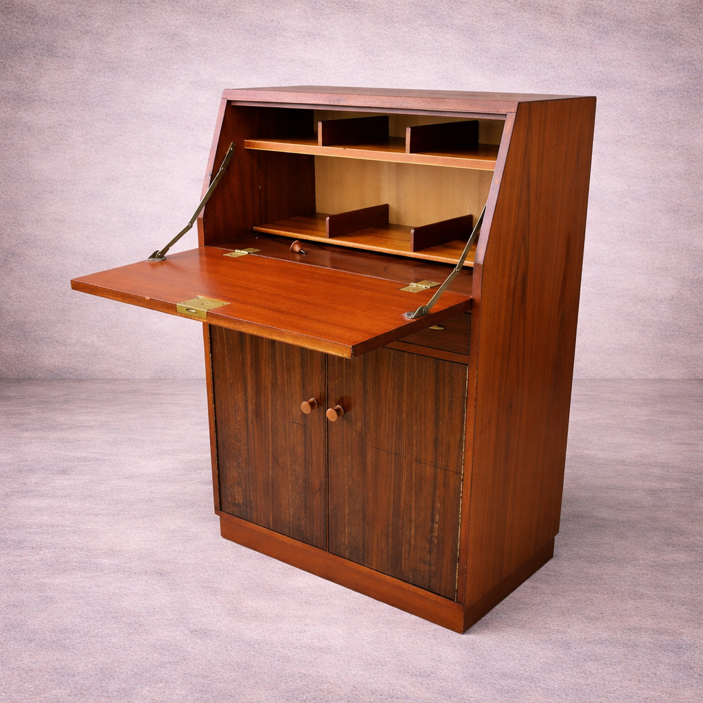 Mid Century Teak & Walnut Bureau Desk by Morris of Glasgow – Drop Front Writing Cabinet