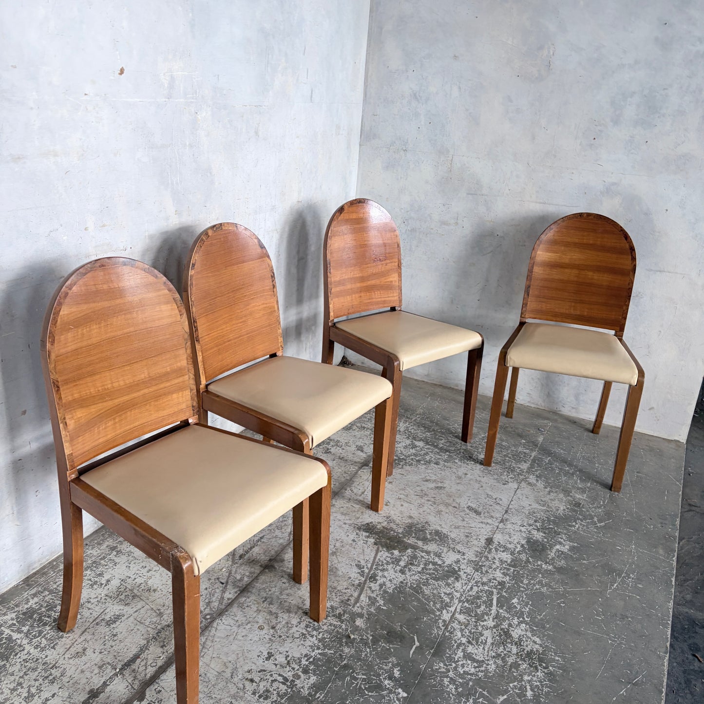 Set of Four Art Deco Burr Walnut Dining Chairs with Cream Upholstered Seats