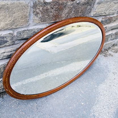 Antique Mahogany Oval Wall Mirror with Satinwood String Inlay