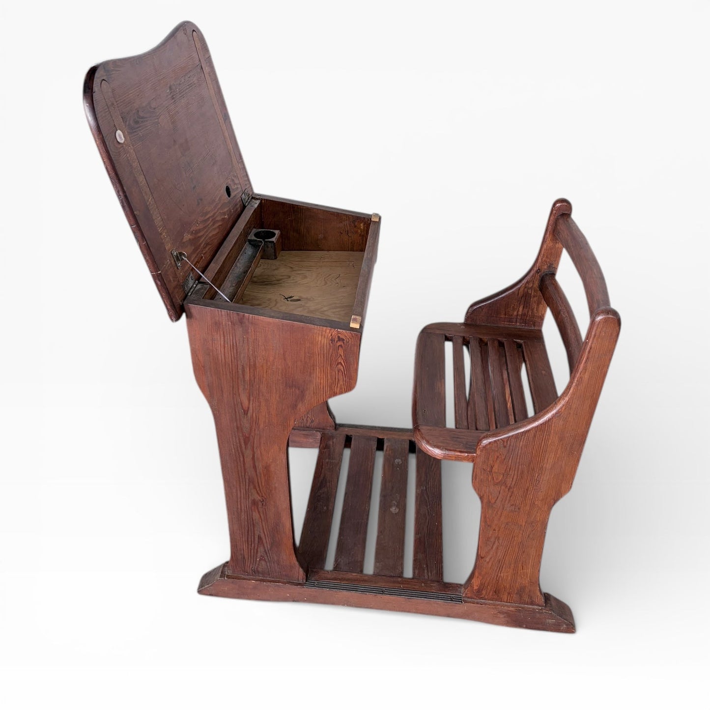 Antique Pine School Desk with Attached Bench