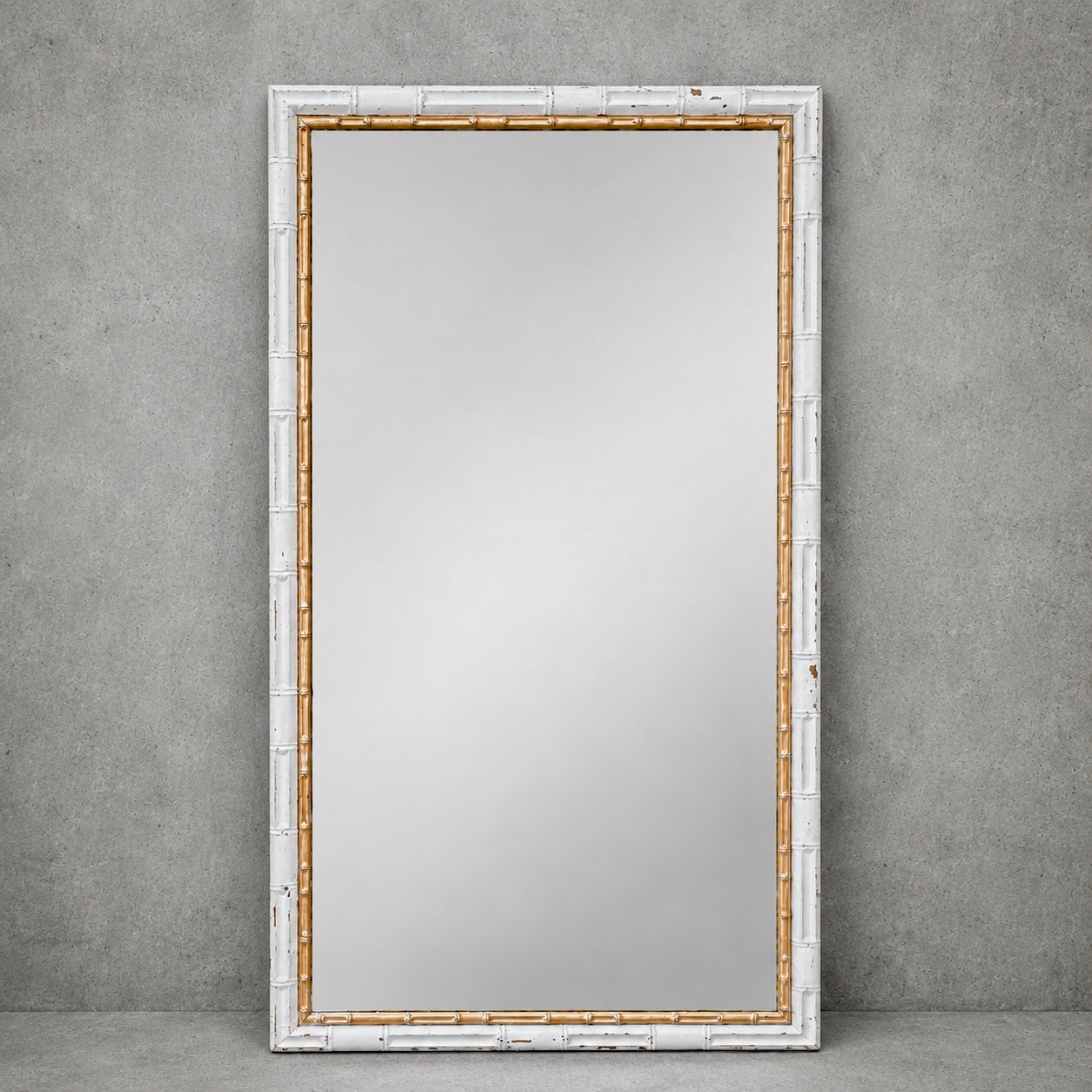 Mid Century Tall Faux Bamboo Floor Mirror in White & Gilt