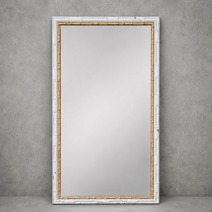 Mid Century Tall Faux Bamboo Floor Mirror in White & Gilt
