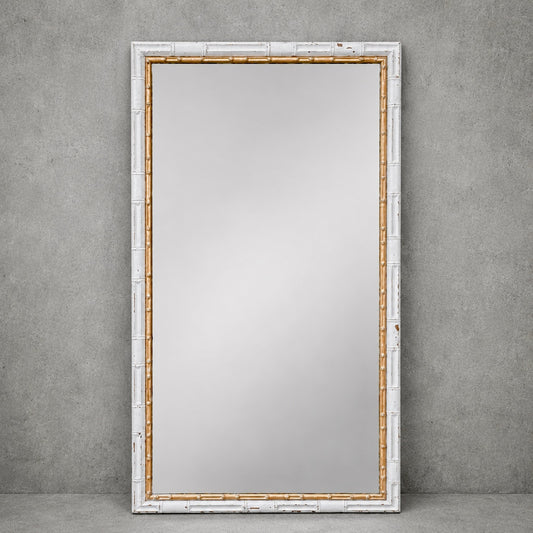 Mid Century Tall Faux Bamboo Floor Mirror in White & Gilt