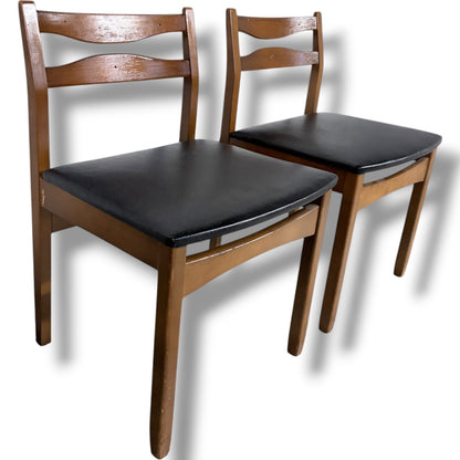 Mid Century Teak Chairs – Pair of Vintage Dining Seats with Black Upholstered Comfort