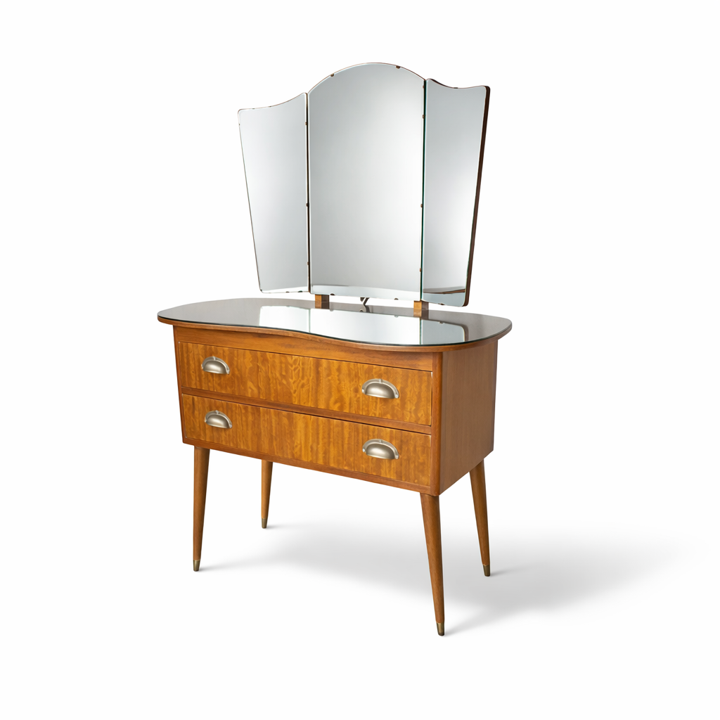Vintage Walnut Dressing Table with Tri-Fold Mirror