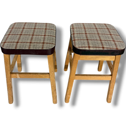 Mid Century Stools - Pair of Vintage Oak Tweed Upholstered Footstools 33cm