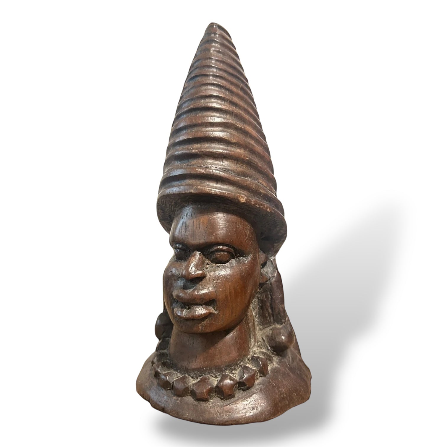 African Hand-Carved Wooden Bust Sculpture with Conical Headdress – Tribal Art — view 2
