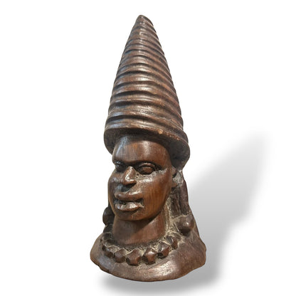 African Hand-Carved Wooden Bust Sculpture with Conical Headdress – Tribal Art — view 2