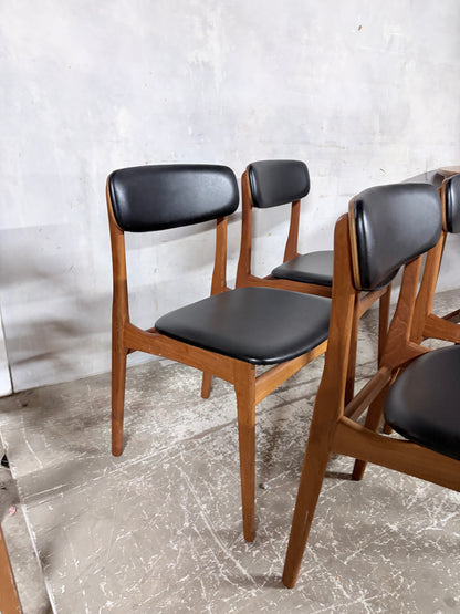 Mid Century Danish Teak Dining Chairs – Set of 4 Black Vinyl Seats